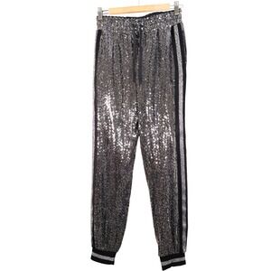 PAM & GELA Mirror Ball Sequin Jogger Pants Black Silver Drawstring Size S
